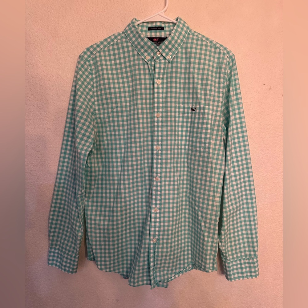 Vineyard Vines Men’s Slim Fit Tucker Shirt – Green Gingham, Size M